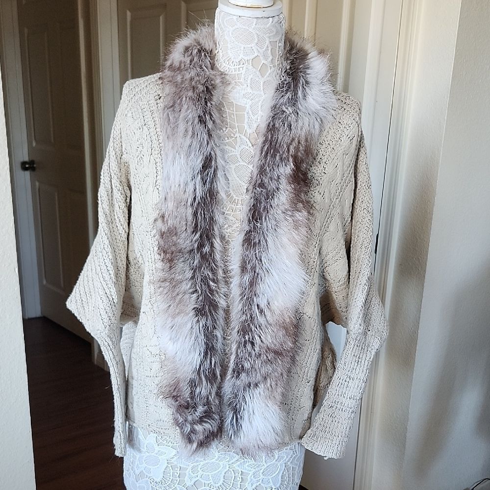 Military Hippie Cardigan Faux Fur Chunky Cable Knit Boho Batwing Free Size